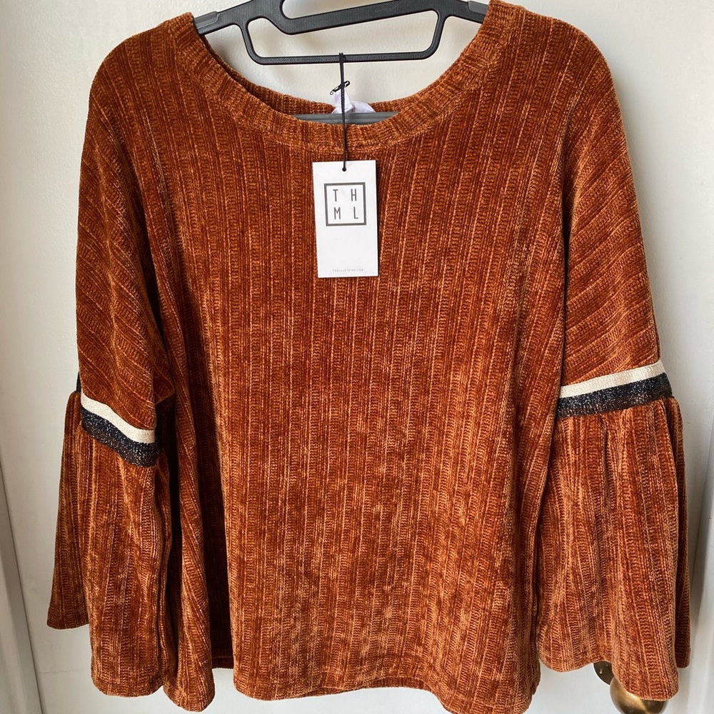 THML Burnt Orange Ribbed Velvet Scoop Neck Sweater with Accent Stripes